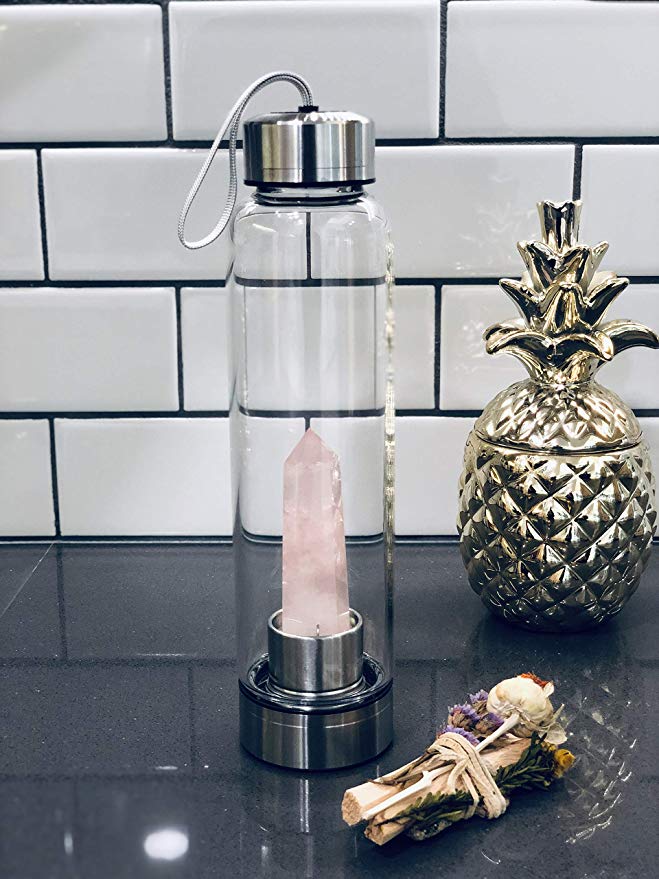 SAOI Crystal Water Bottle - Rose Quartz Gemstone Infused Elixir - Natural Wellness Healing - Glass/Stainless Steel