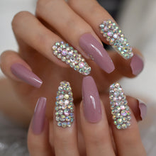 Press On Nails - Mauve Jewelry Accent - Long Coffin False Tips Stick On Manicure