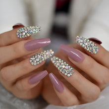 Press On Nails - Mauve Jewelry Accent - Long Coffin False Tips Stick On Manicure