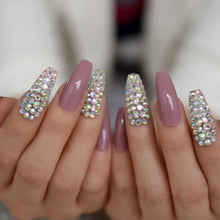 Press On Nails - Mauve Jewelry Accent - Long Coffin False Tips Stick On Manicure