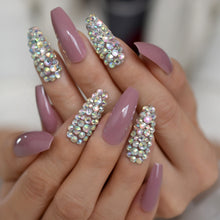 Press On Nails - Mauve Jewelry Accent - Long Coffin False Tips Stick On Manicure