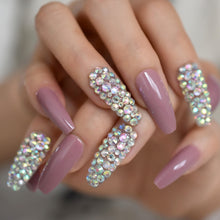 Press On Nails - Mauve Jewelry Accent - Long Coffin False Tips Stick On Manicure