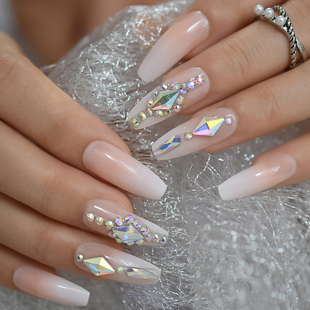 Press On Nails - Nude Ombre Diamond - Long Coffin False Tips Stick On – SAOI