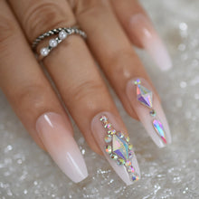 Press On Nails - Nude Ombre Diamond - Long Coffin False Tips Stick On Manicure