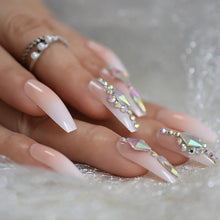 Press On Nails - Nude Ombre Diamond - Long Coffin False Tips Stick On Manicure