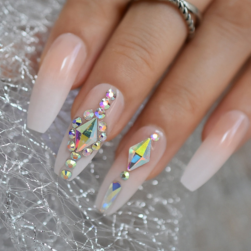 Press On Nails - Nude Ombre Diamond - Long Coffin False Tips Stick On – SAOI