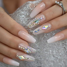 Press On Nails - Nude Ombre Diamond - Long Coffin False Tips Stick On Manicure