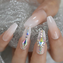 Press On Nails - Nude Ombre Diamond - Long Coffin False Tips Stick On Manicure