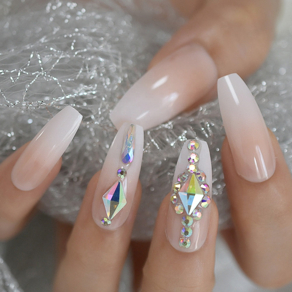 Press On Nails - Nude Ombre Diamond - Long Coffin False Tips Stick On – SAOI